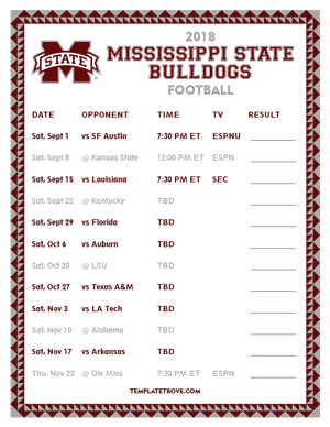 Mississippi State Bulldogs Football 2018 Printable Schedule
