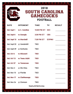 South Carolina Gamecocks Football 2018 Printable Schedule