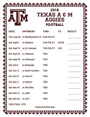 Texas A & M Aggies Football 2018 Printable Schedule