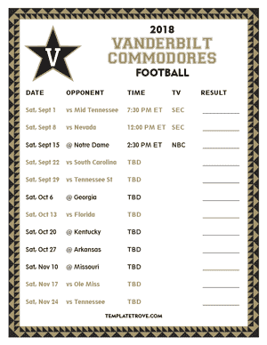 Vanderbilt Commodores Football 2018 Printable Schedule