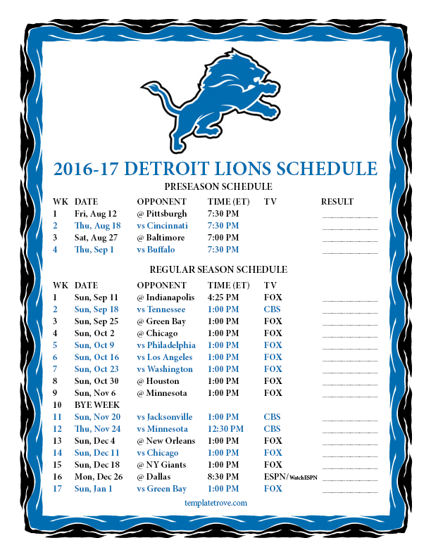 Printable 2016 2017 Detroit Lions Schedule