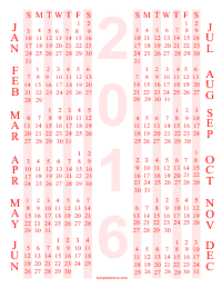PDF Printable Yearly Calendar 4 - Red
