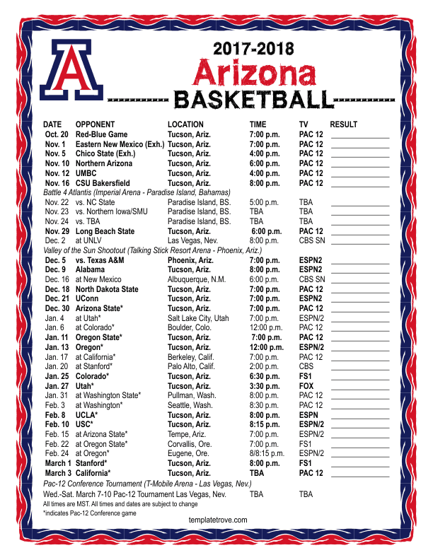 Printable 20172018 Arizona Wildcats Basketball Schedule