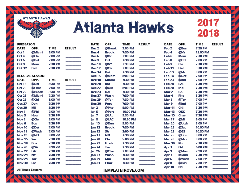 Printable 20172018 Atlanta Hawks Schedule