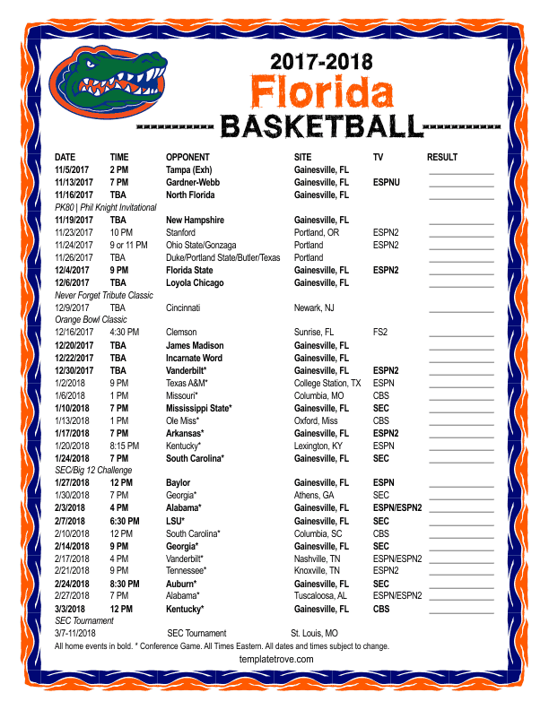 Printable 20172018 Florida Gators Basketball Schedule