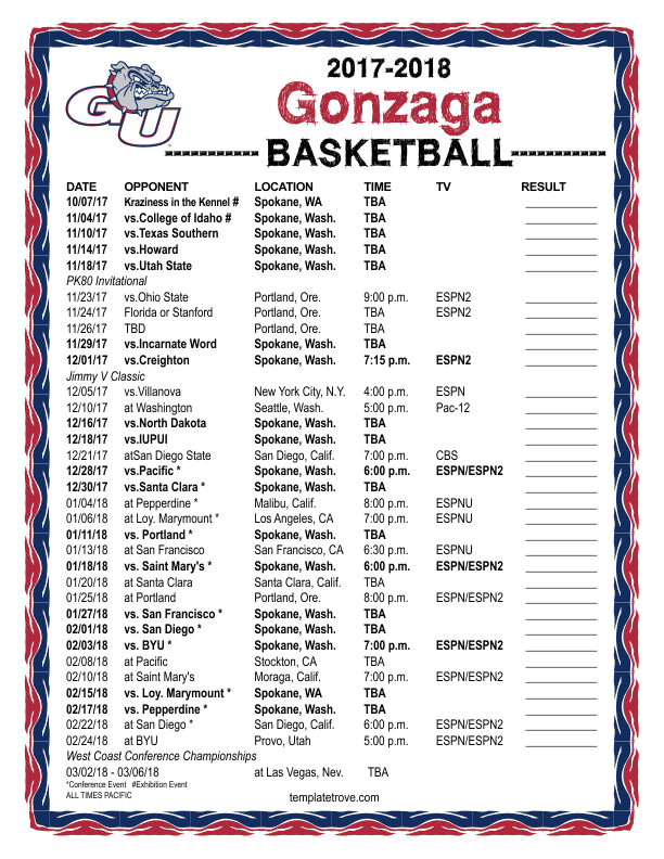 Gonzaga Basketball Schedule Printable