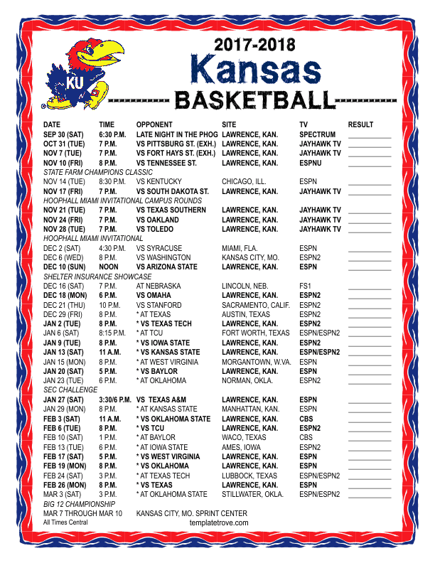 Printable 20172018 Kansas Jayhawks Basketball Schedule