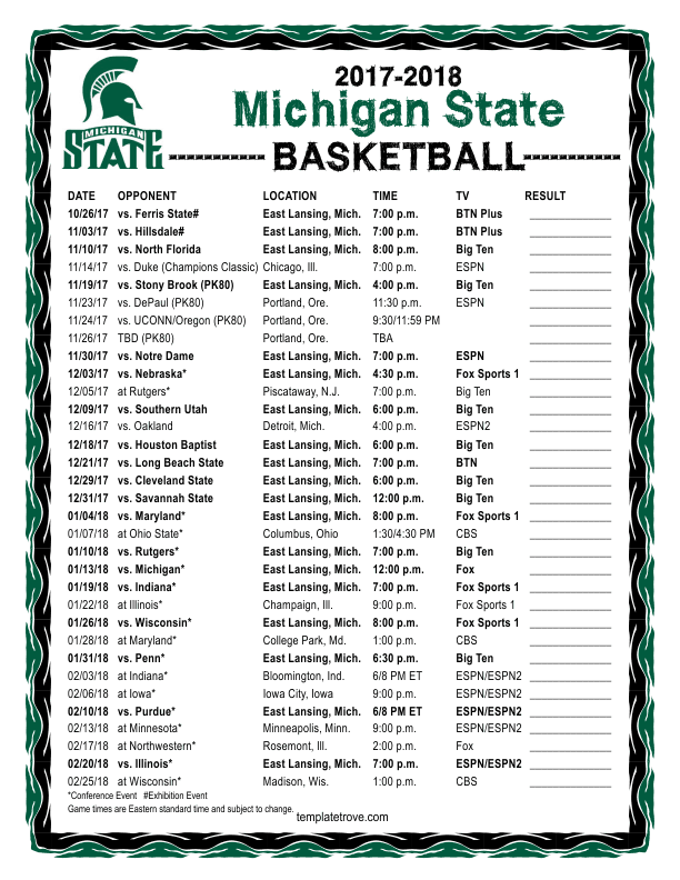 Printable 20172018 Michigan State Spartans Basketball Schedule