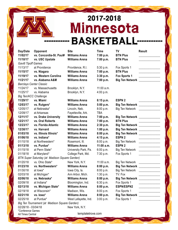Printable 20172018 Minnesota Golden Gophers Basketball Schedule