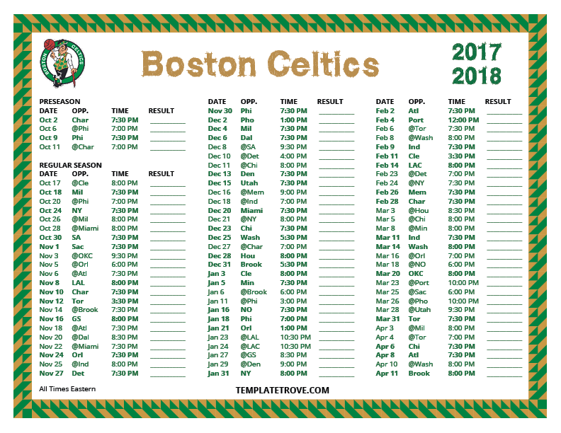 Printable 20172018 Boston Celtics Schedule