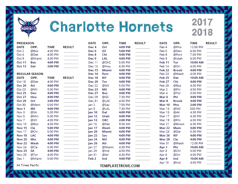 Printable 2017-2018 Charlotte Hornets Schedule
