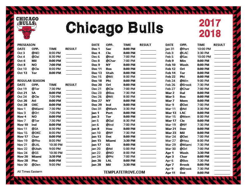 Printable 20172018 Chicago Bulls Schedule