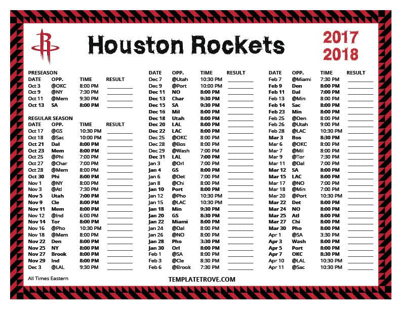 Printable 20172018 Houston Rockets Schedule