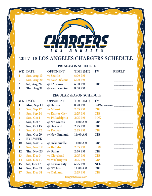 Printable 20172018 Los Angeles Chargers Schedule