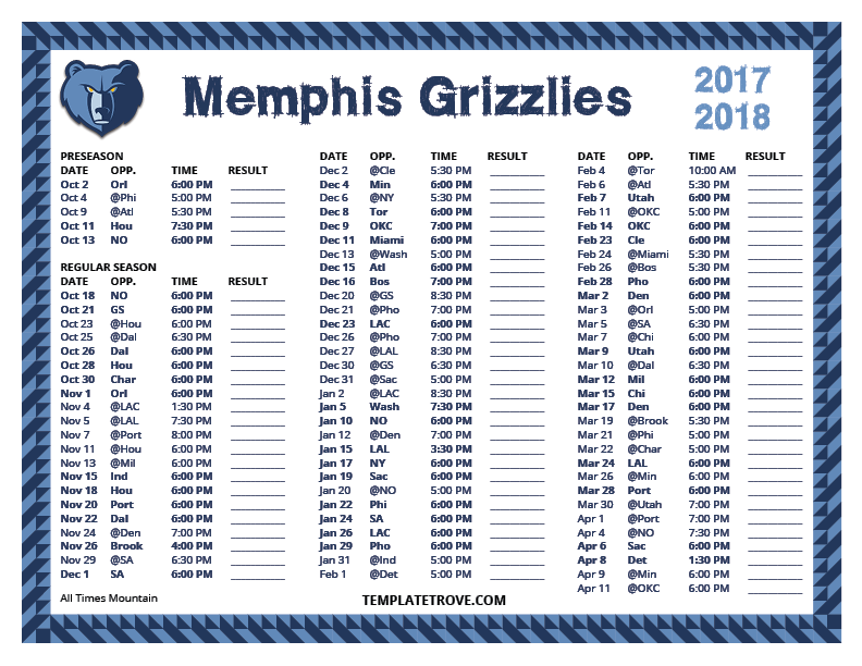 Printable 20172018 Memphis Grizzlies Schedule