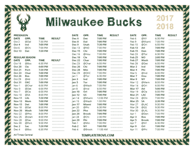 Printable 2017-2018 Milwaukee Bucks Schedule