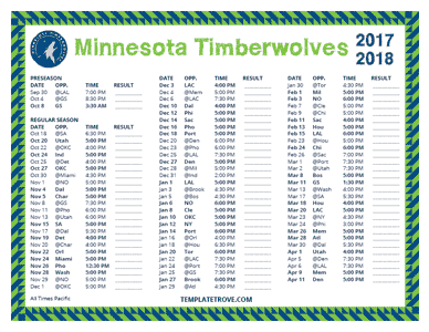 Minnesota Timberwolves 2017-18 Printable Schedule - Pacific Times