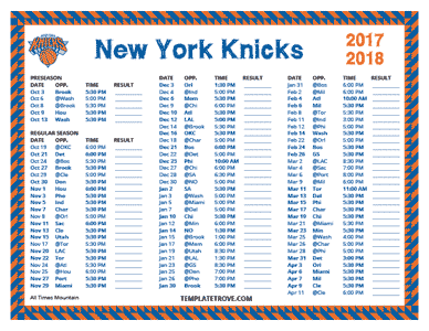 Printable 2017 2018 New York Knicks Schedule