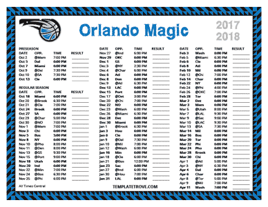 2017-18 Printable Orlando Magic Schedule - Central Times