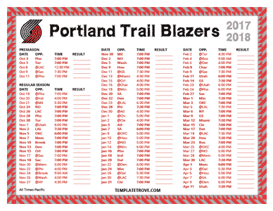 Portland Trail Blazers 2017-18 Printable Schedule - Pacific Times