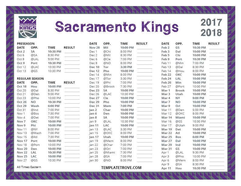 Printable 2017-2018 Sacramento Kings Schedule