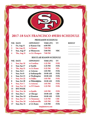 San Francisco 49ers 2017-18 Printable Schedule - Pacific Times