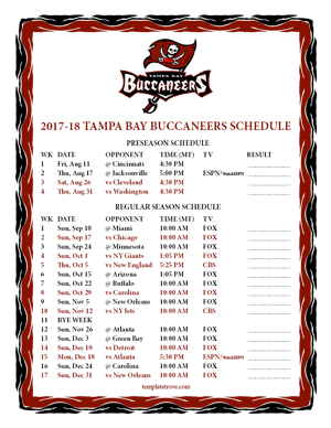 Tampa Bay Buccaneers 2017-18 Printable Schedule - Pacific Times