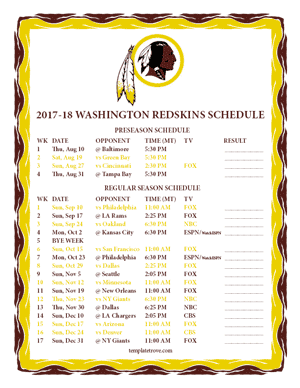 Printable 2017-2018 Washington Redskins Schedule
