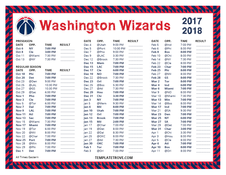 Printable 20172018 Washington Wizards Schedule