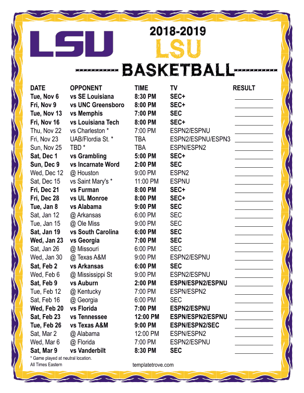 Printable 20182019 LSU Tigers Basketball Schedule
