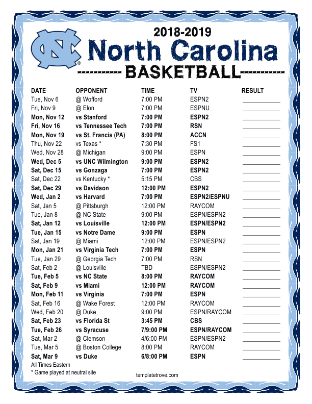 Printable 2018-2019 North Carolina Tarheels Basketball Schedule