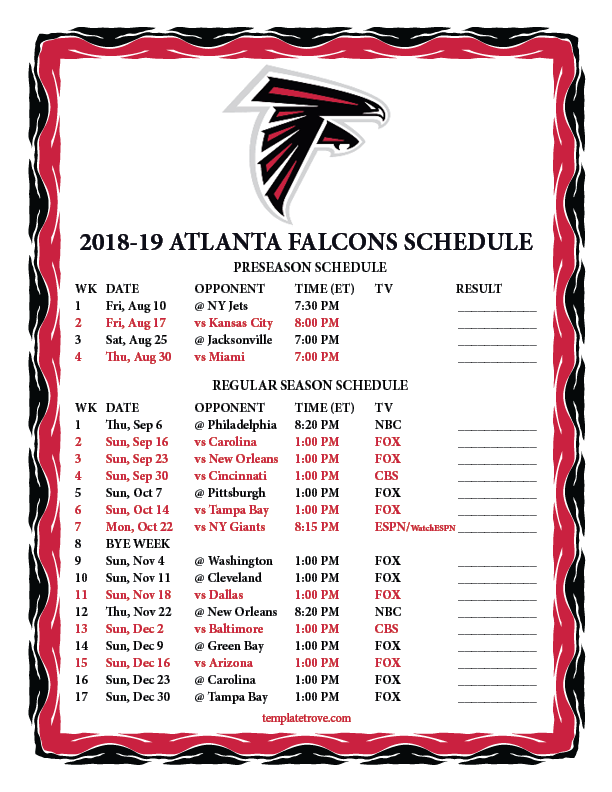 Printable 20182019 Atlanta Falcons Schedule