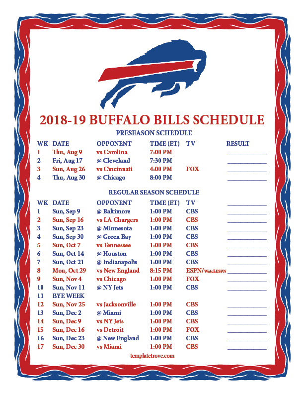 Printable 2018-2019 Buffalo Bills Schedule