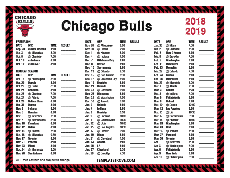Printable 20182019 Chicago Bulls Schedule