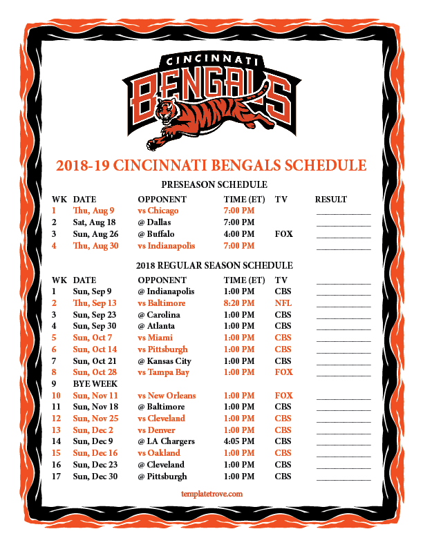 Printable 20182019 Cincinnati Bengals Schedule