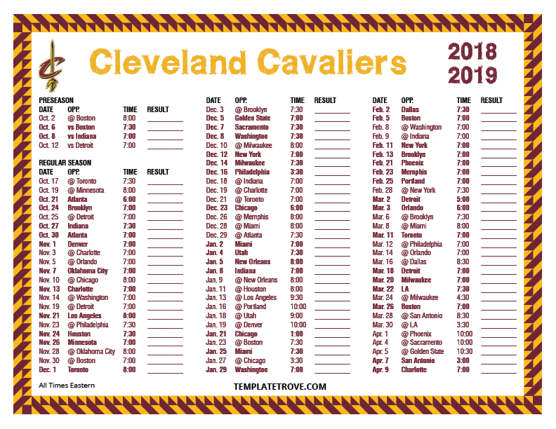 Printable 20182019 Cleveland Cavaliers Schedule