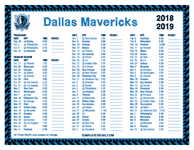 Dallas Mavericks 2018-19 Printable Schedule - Pacific Times