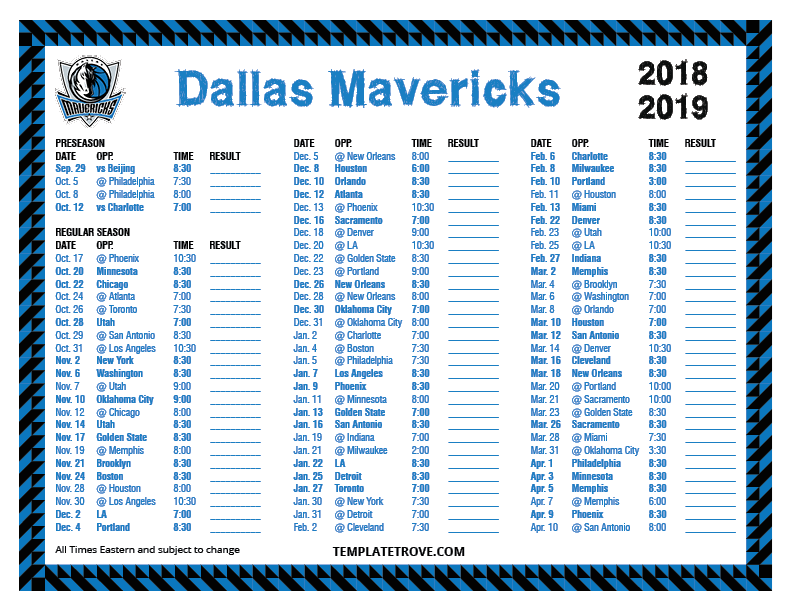 Printable 2018-2019 Dallas Mavericks Schedule