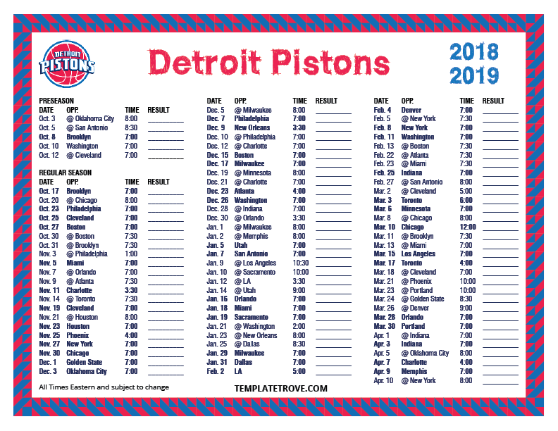 Printable 2018-2019 Detroit Pistons Schedule