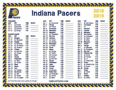 Indiana Pacers 2018-19 Printable Schedule - Mountain Times