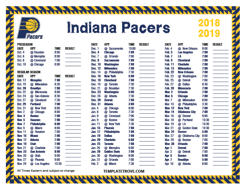 Printable 2018-2019 Indiana Pacers Schedule
