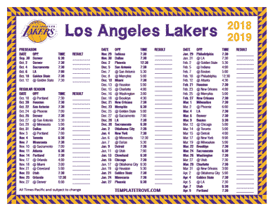 Los Angeles Lakers 2018-19 Printable Schedule - Pacific Times