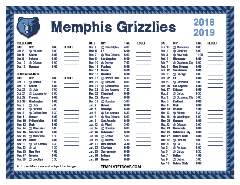Printable 2018-2019 Memphis Grizzlies Schedule