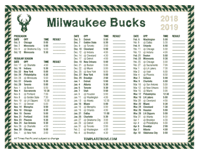 Milwaukee Bucks 2018-19 Printable Schedule - Pacific Times