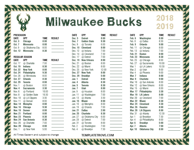 Printable 20182019 Milwaukee Bucks Schedule