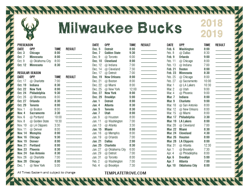 Printable 2018 2019 Milwaukee Bucks Schedule
