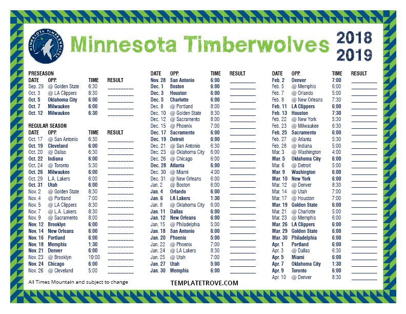Printable 20182019 Minnesota Timberwolves Schedule