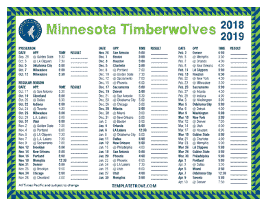 Minnesota Timberwolves 2018-19 Printable Schedule - Pacific Times