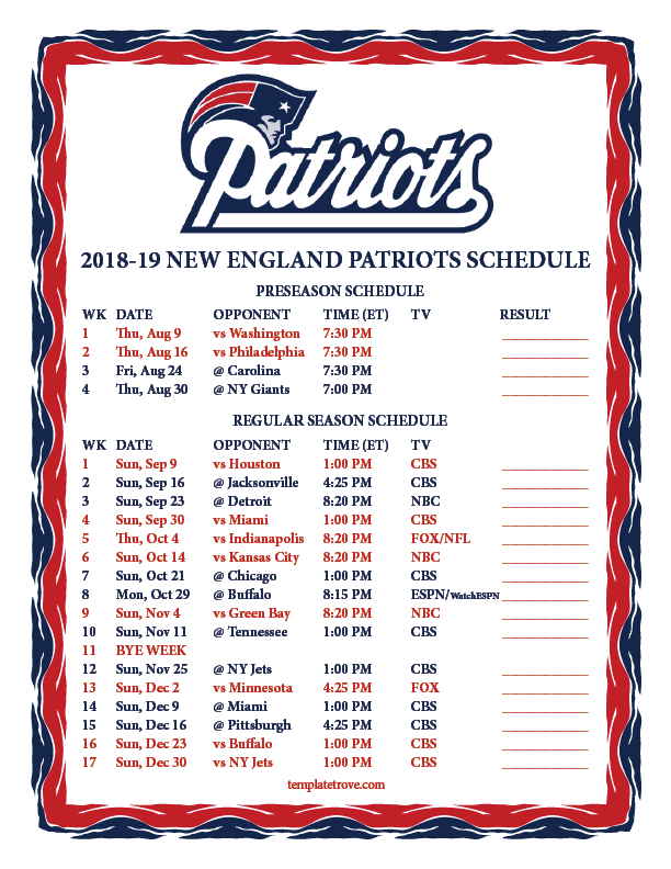 Printable 20182019 New England Patriots Schedule