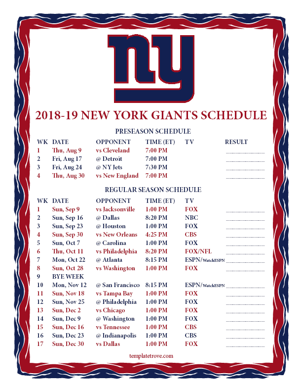 Printable 20182019 New York Giants Schedule